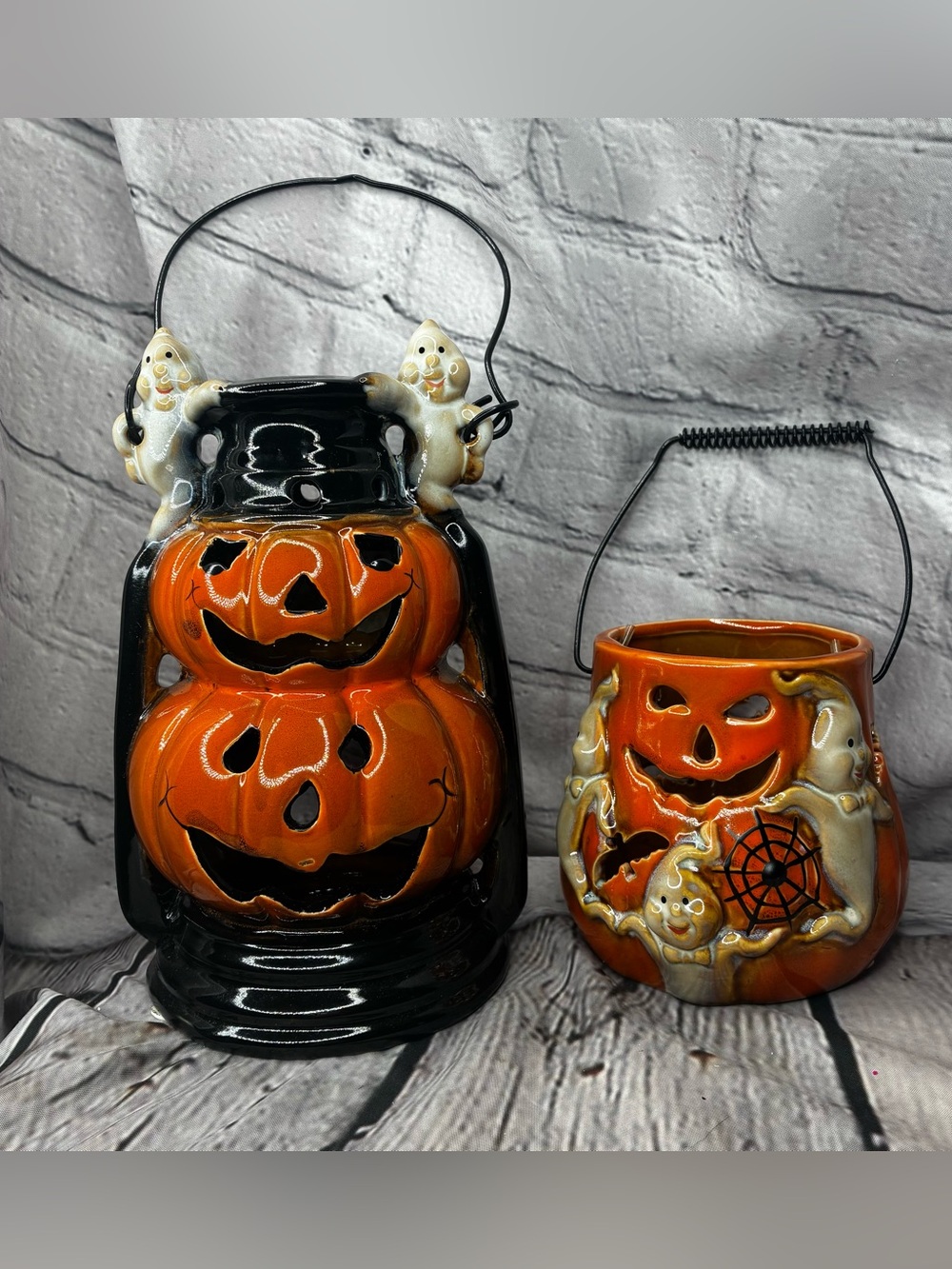 2 PC Halloween Cottagecore Spooky Kitsch Chunky Ceramic Candle Lanterns Holders